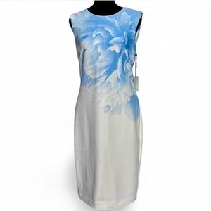 Calvin Klein Blue and White Floral Midi Dress 8, Sleeves And Zipper Closure NWT